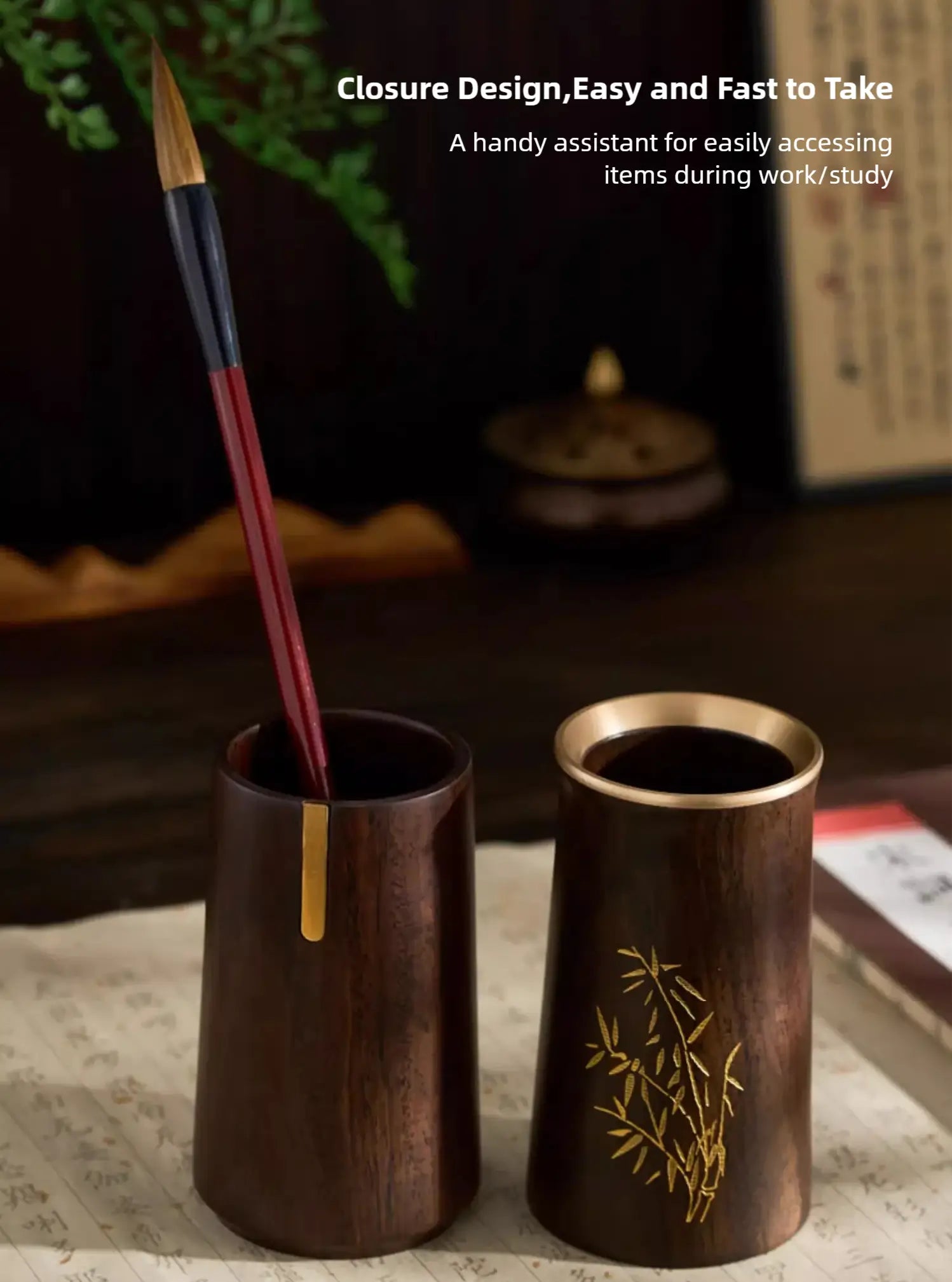 Luxury Red Sandalwood & Brass Pen Caddy - Retro Chinese Art Study Ornament | Premium Stationery Gift