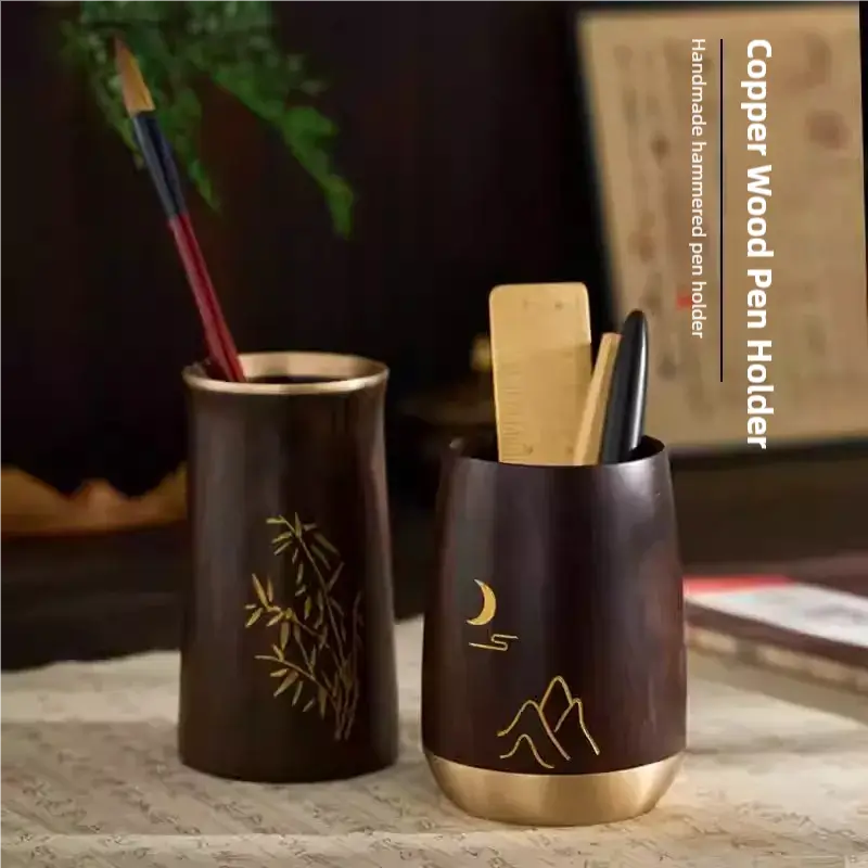 Luxury Red Sandalwood & Brass Pen Caddy - Retro Chinese Art Study Ornament | Premium Stationery Gift