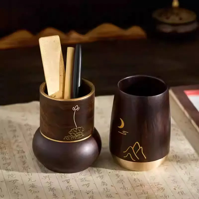Luxury Red Sandalwood & Brass Pen Caddy - Retro Chinese Art Study Ornament | Premium Stationery Gift