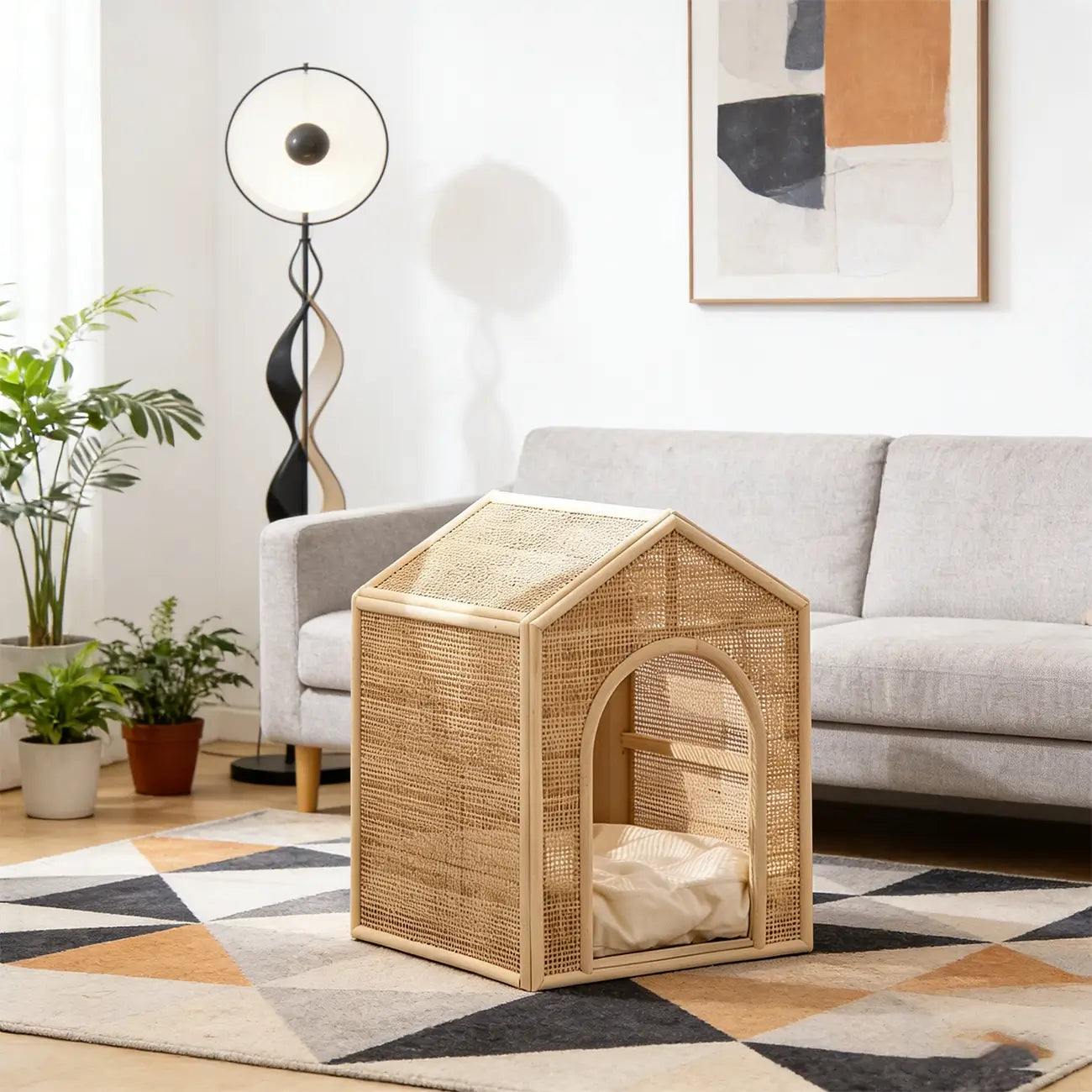 Boho Rattan Cat House  Elevated Wooden Frame Pet Cave with Removable Cushion