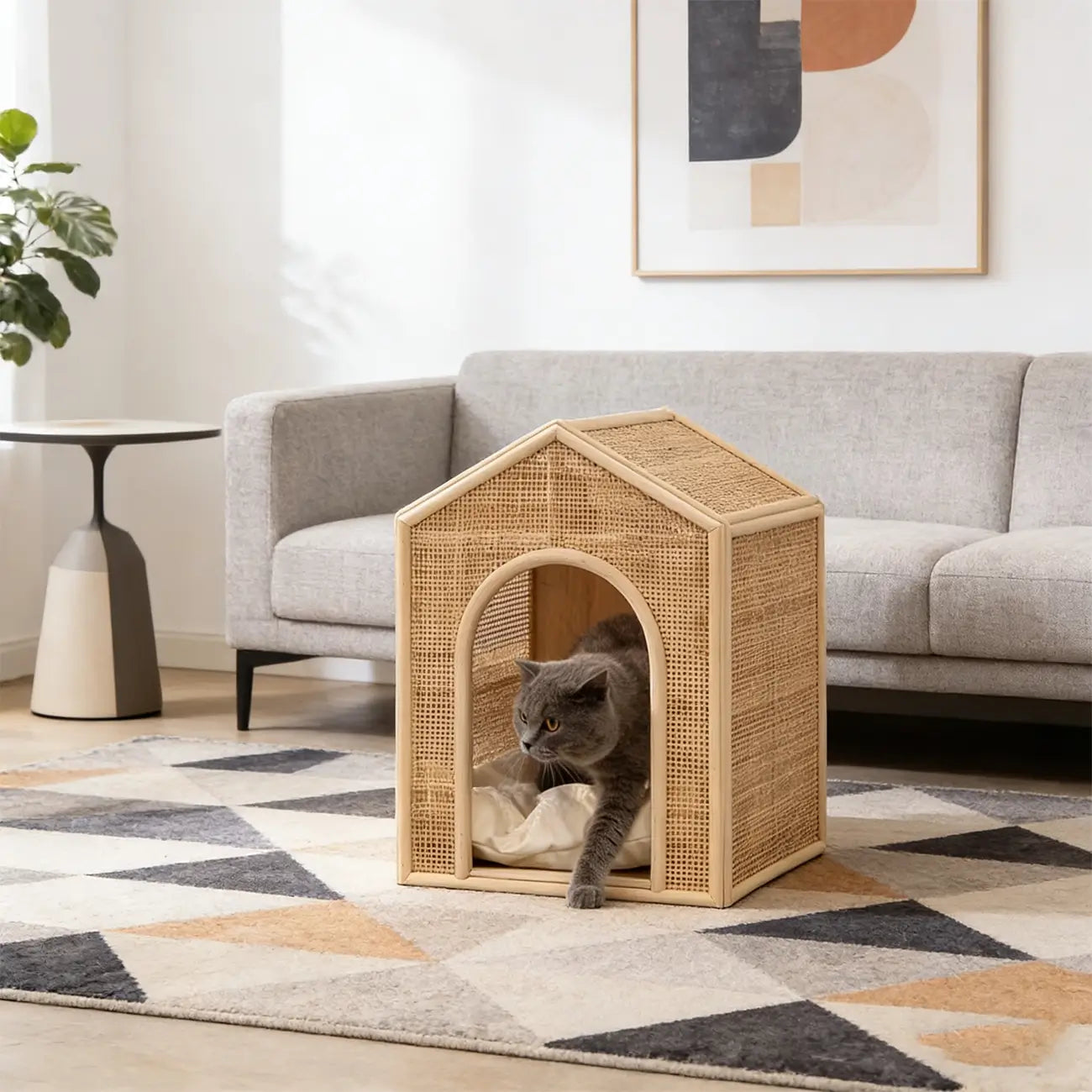 Boho Rattan Cat House  Elevated Wooden Frame Pet Cave with Removable Cushion