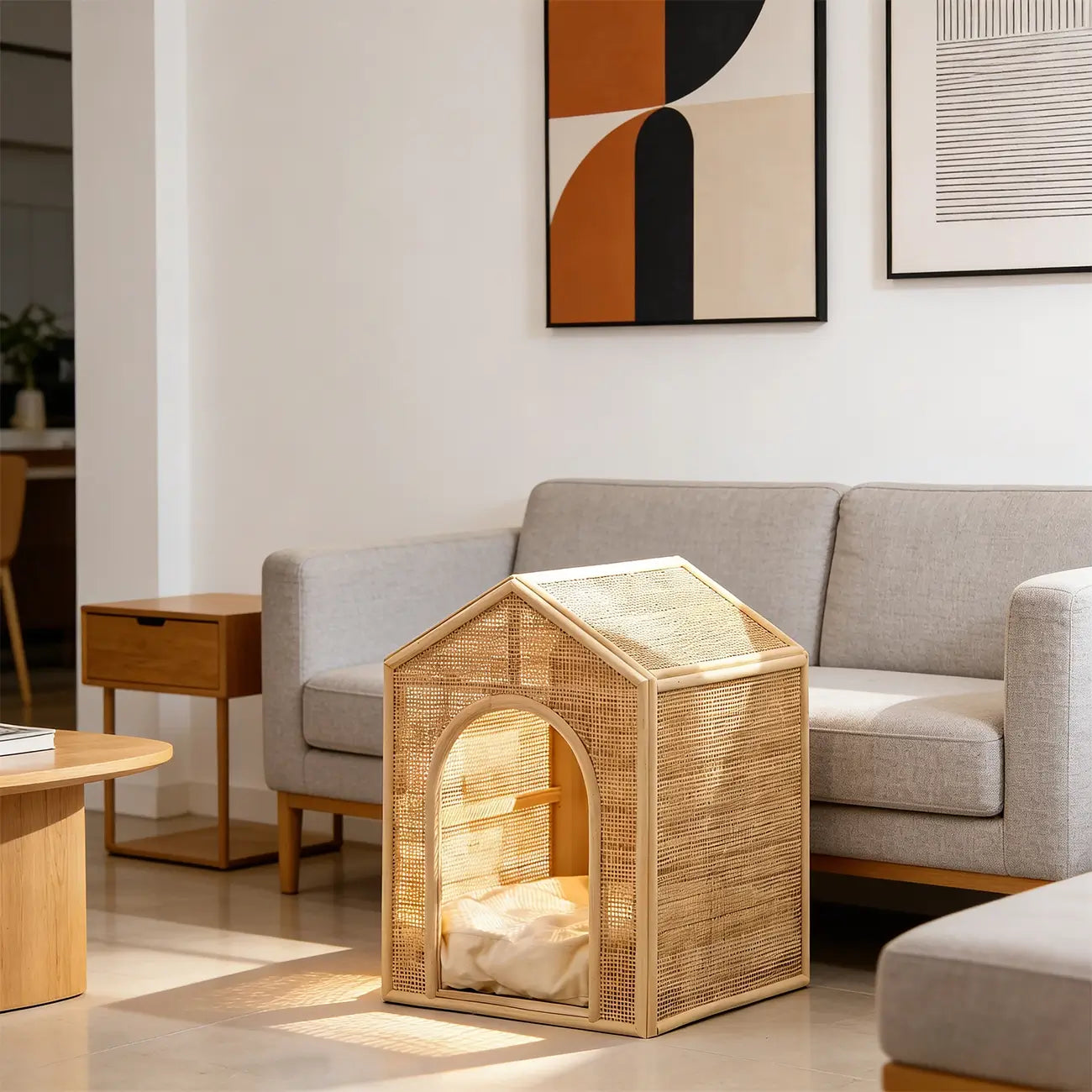 Boho Rattan Cat House  Elevated Wooden Frame Pet Cave with Removable Cushion