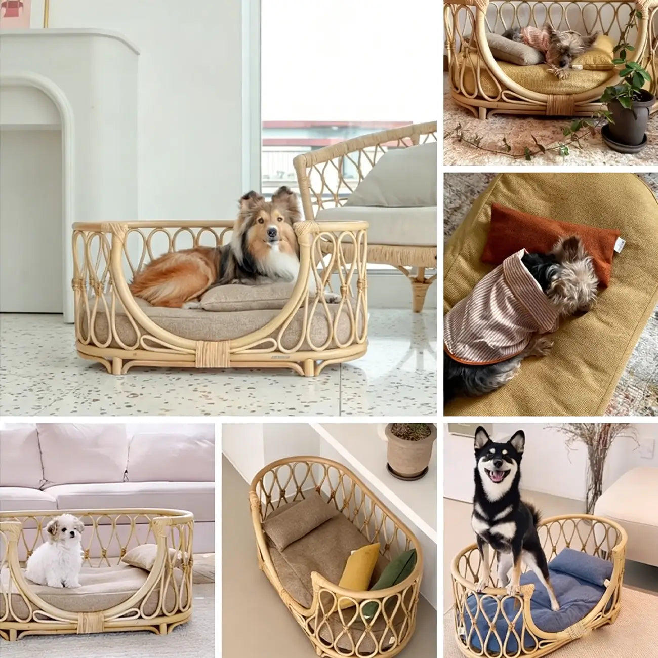Boho Rattan Pet Bed  Cradle-Style for Small to Medium Dogs & Cats with Removable Cushion