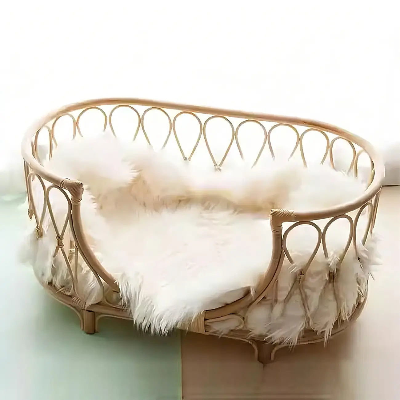 Boho Rattan Pet Bed  Cradle-Style for Small to Medium Dogs & Cats with Removable Cushion