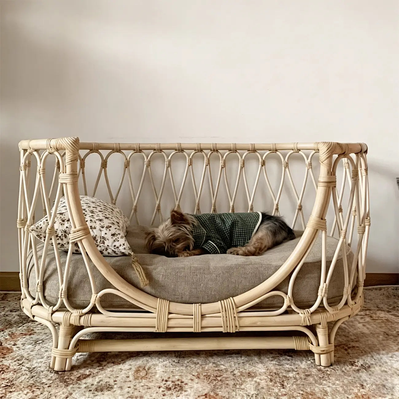 Boho Rattan Pet Bed  Cradle-Style for Small to Medium Dogs & Cats with Removable Cushion