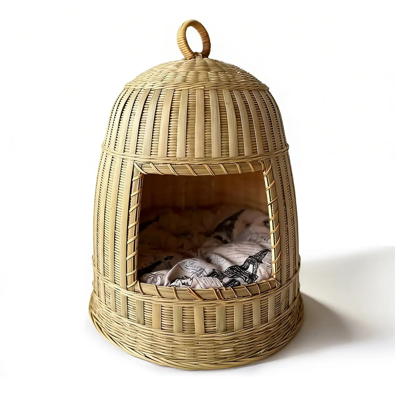 Handmade Bamboo Cat Bed  Enclosed All-Season Pet House with Cushion
