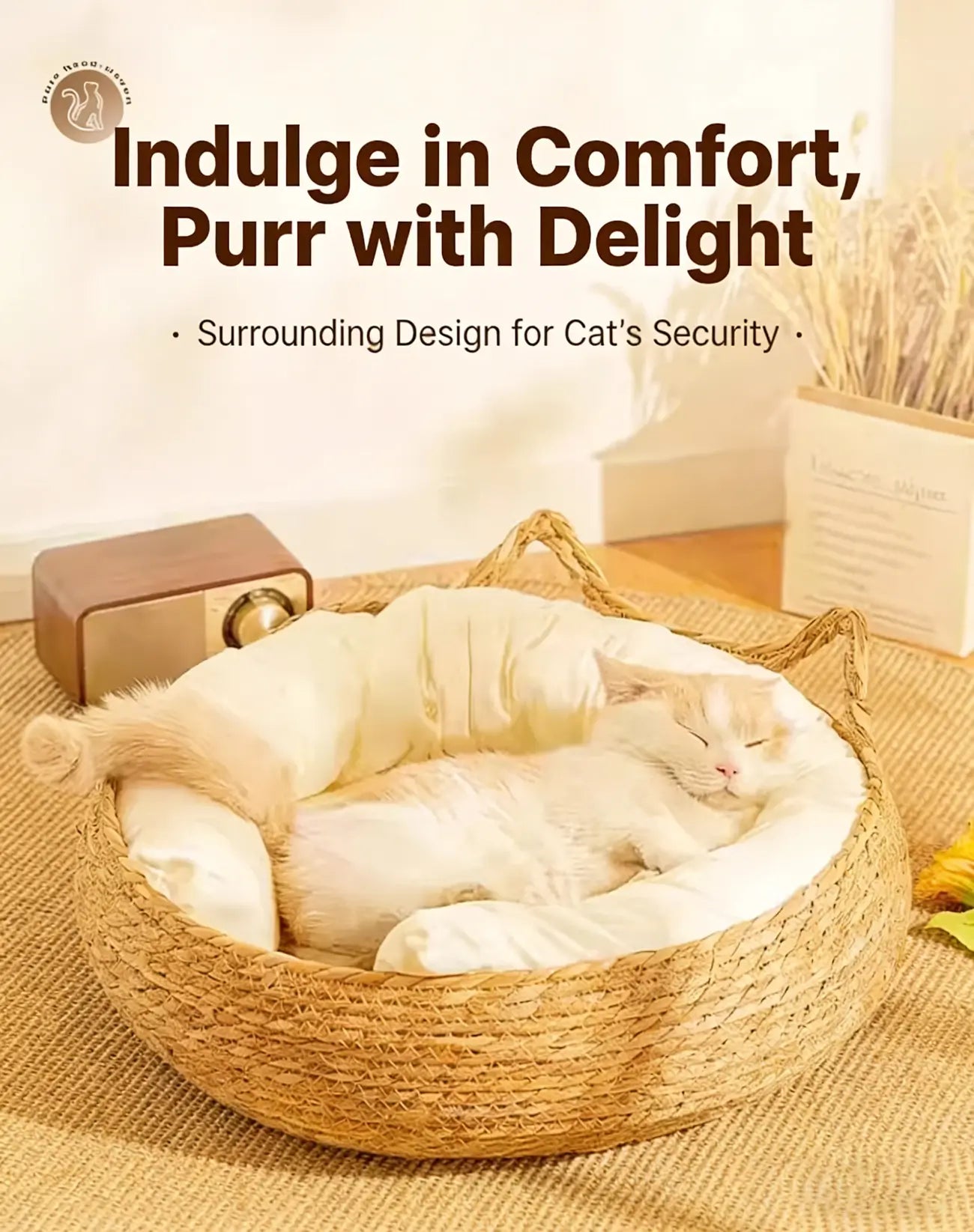 NienBam Handmade Rattan Cat Bed with Ears Cozy Washable Pet Nest