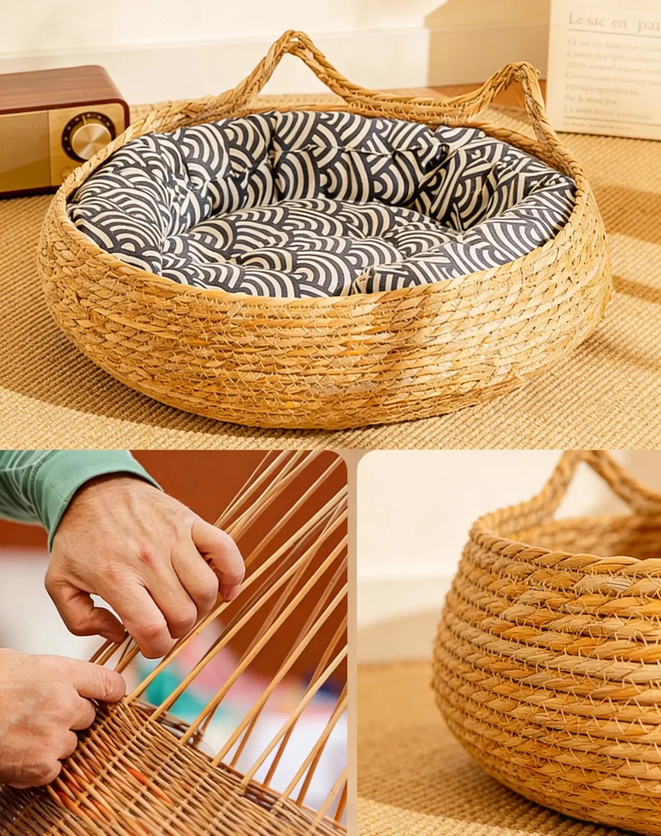 NienBam Handmade Rattan Cat Bed with Ears Cozy Washable Pet Nest