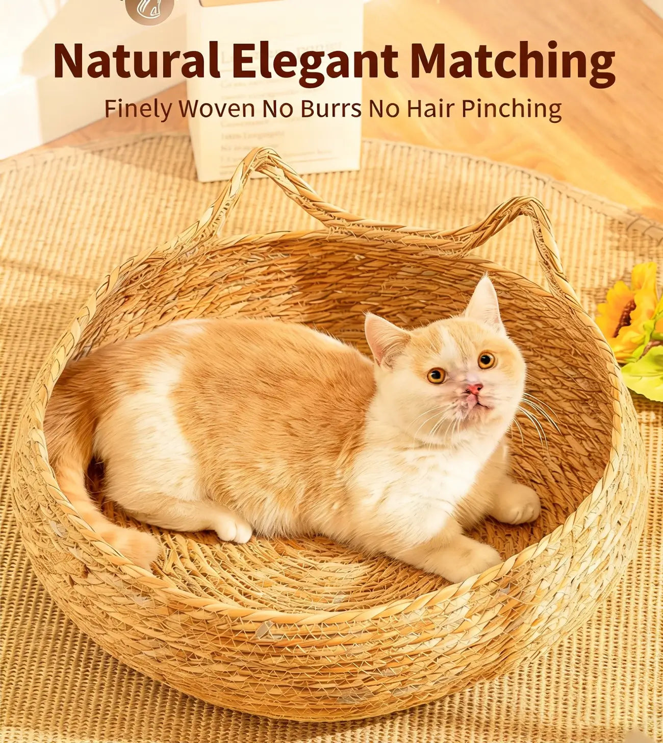 NienBam Handmade Rattan Cat Bed with Ears Cozy Washable Pet Nest