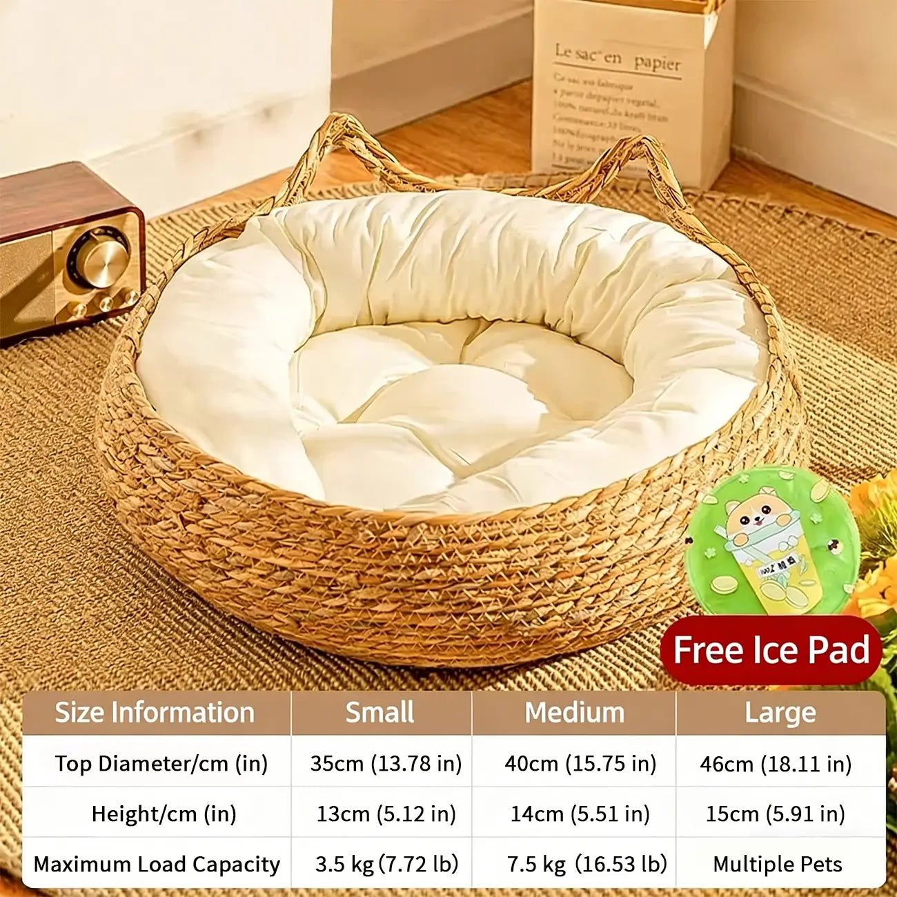 NienBam Handmade Rattan Cat Bed with Ears Cozy Washable Pet Nest