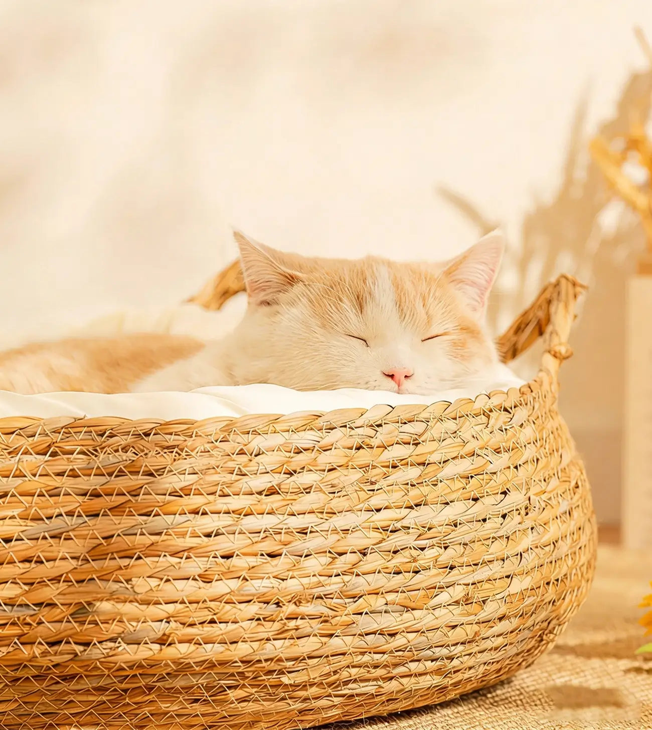 NienBam Handmade Rattan Cat Bed with Ears Cozy Washable Pet Nest