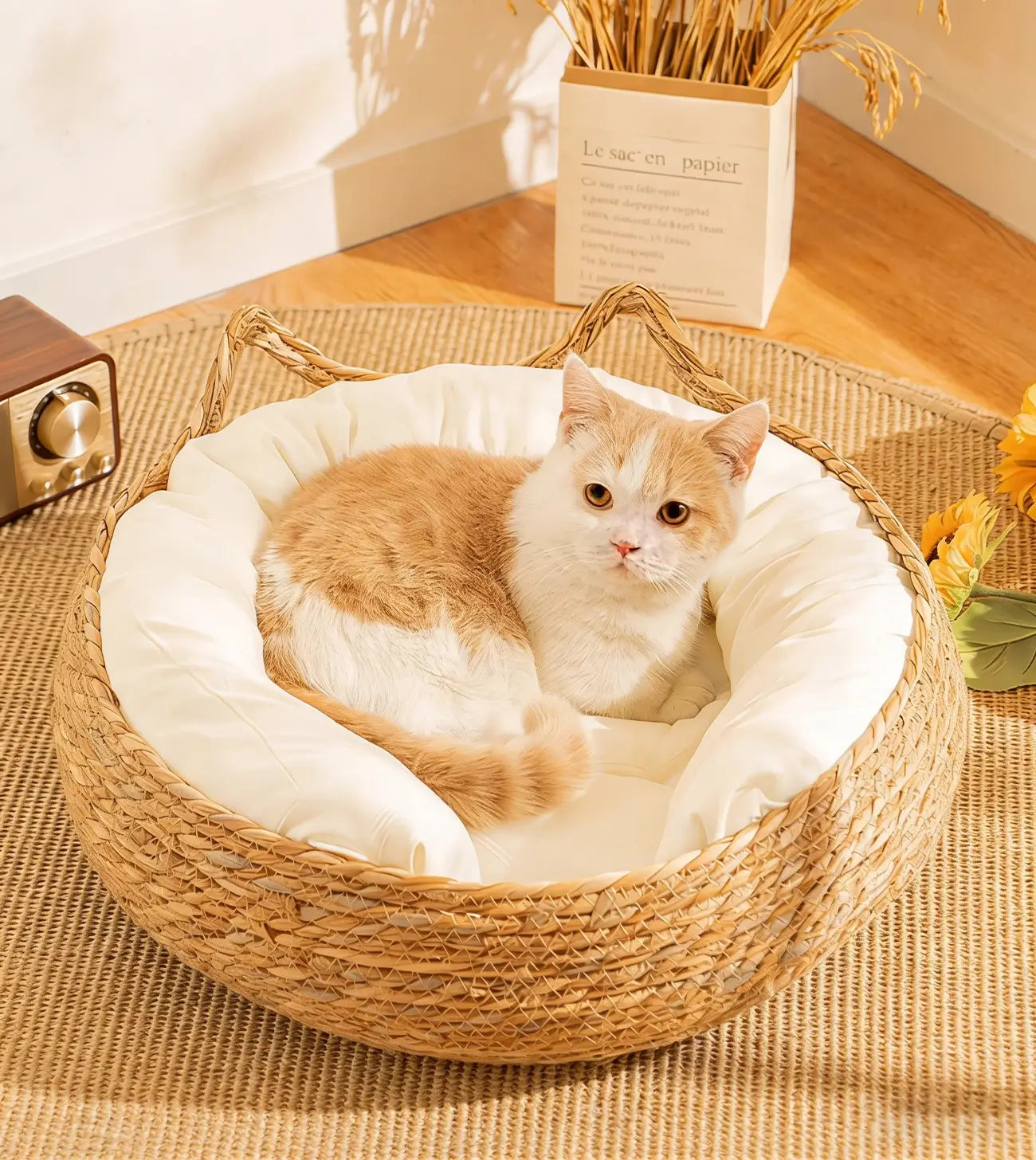 NienBam Handmade Rattan Cat Bed with Ears Cozy Washable Pet Nest