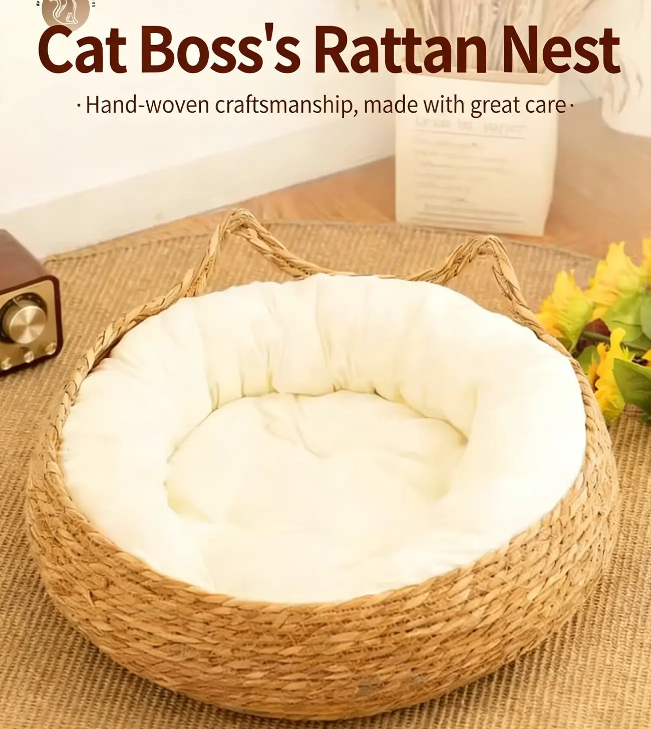 NienBam Handmade Rattan Cat Bed with Ears Cozy Washable Pet Nest