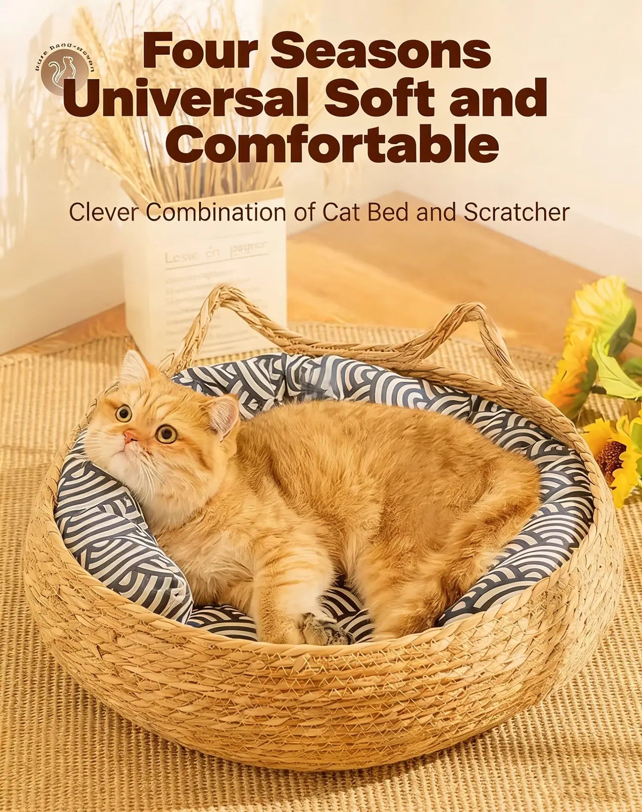NienBam Handmade Rattan Cat Bed with Ears Cozy Washable Pet Nest