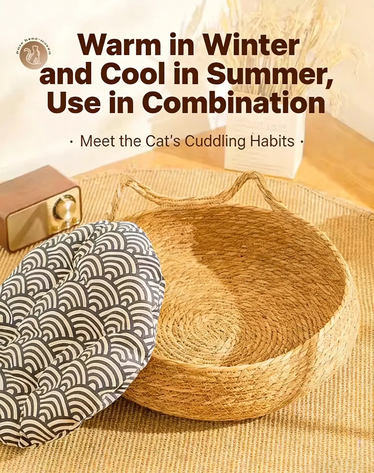 NienBam Handmade Rattan Cat Bed with Ears Cozy Washable Pet Nest