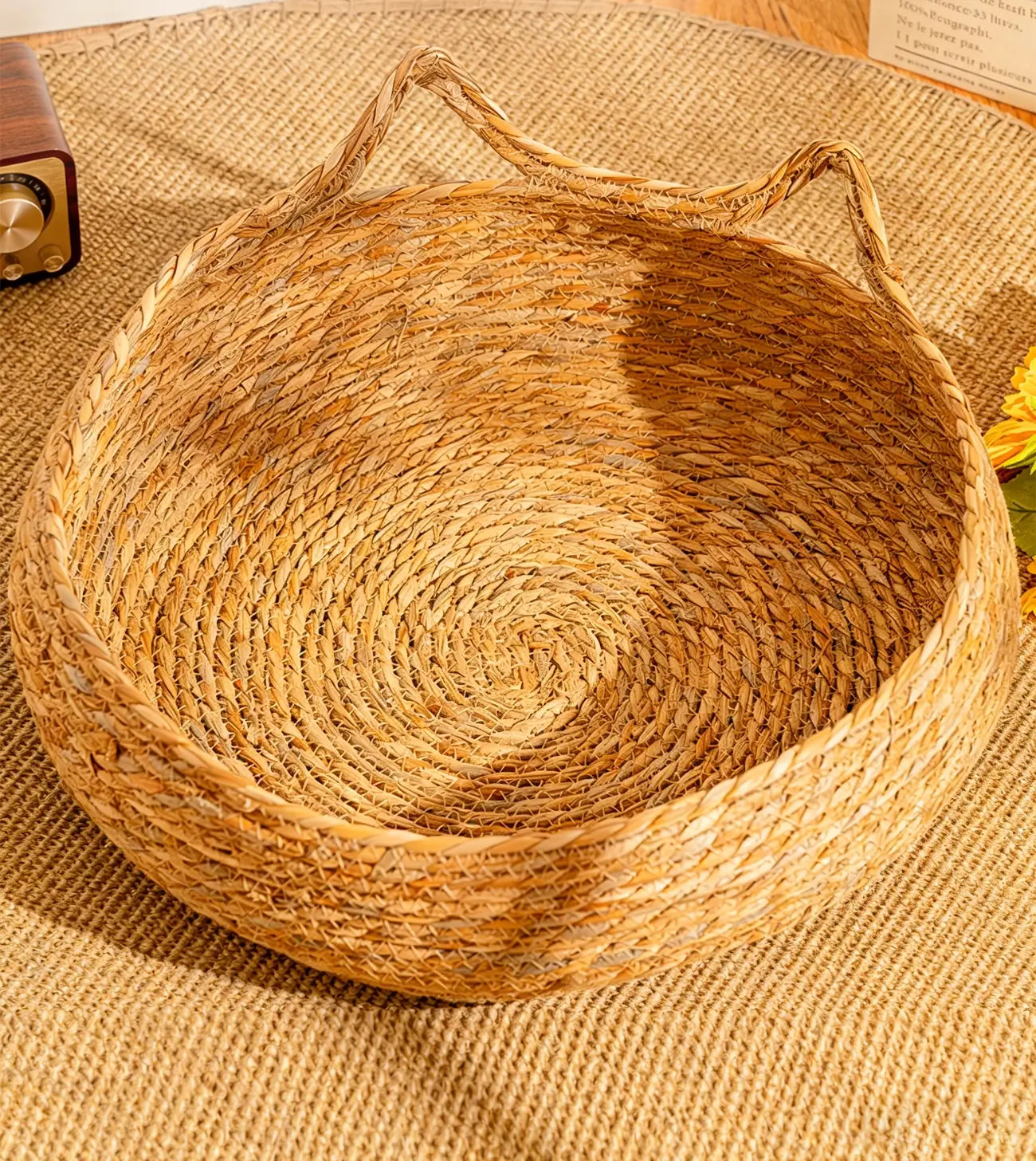NienBam Handmade Rattan Cat Bed with Ears Cozy Washable Pet Nest