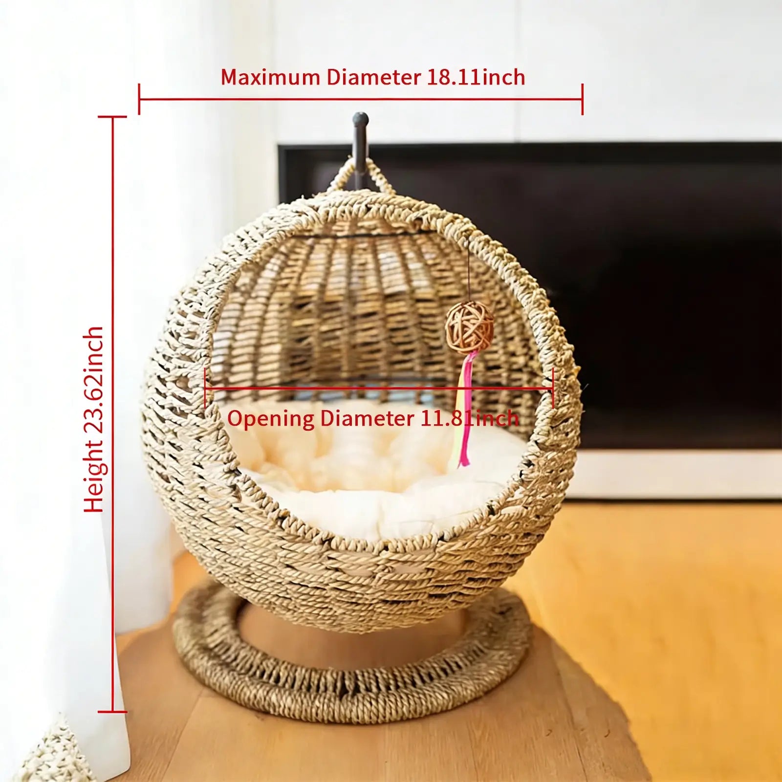 Hanging Seagrass Cat Bed  Elevated Woven Pet Nest with Stand & Cushion