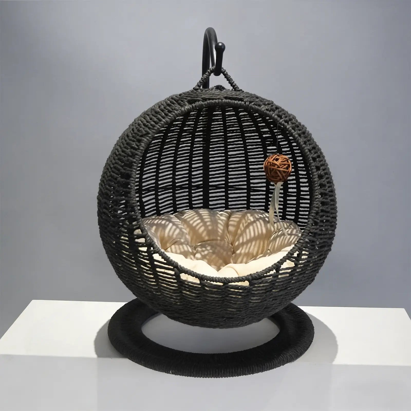 Hanging Seagrass Cat Bed  Elevated Woven Pet Nest with Stand & Cushion