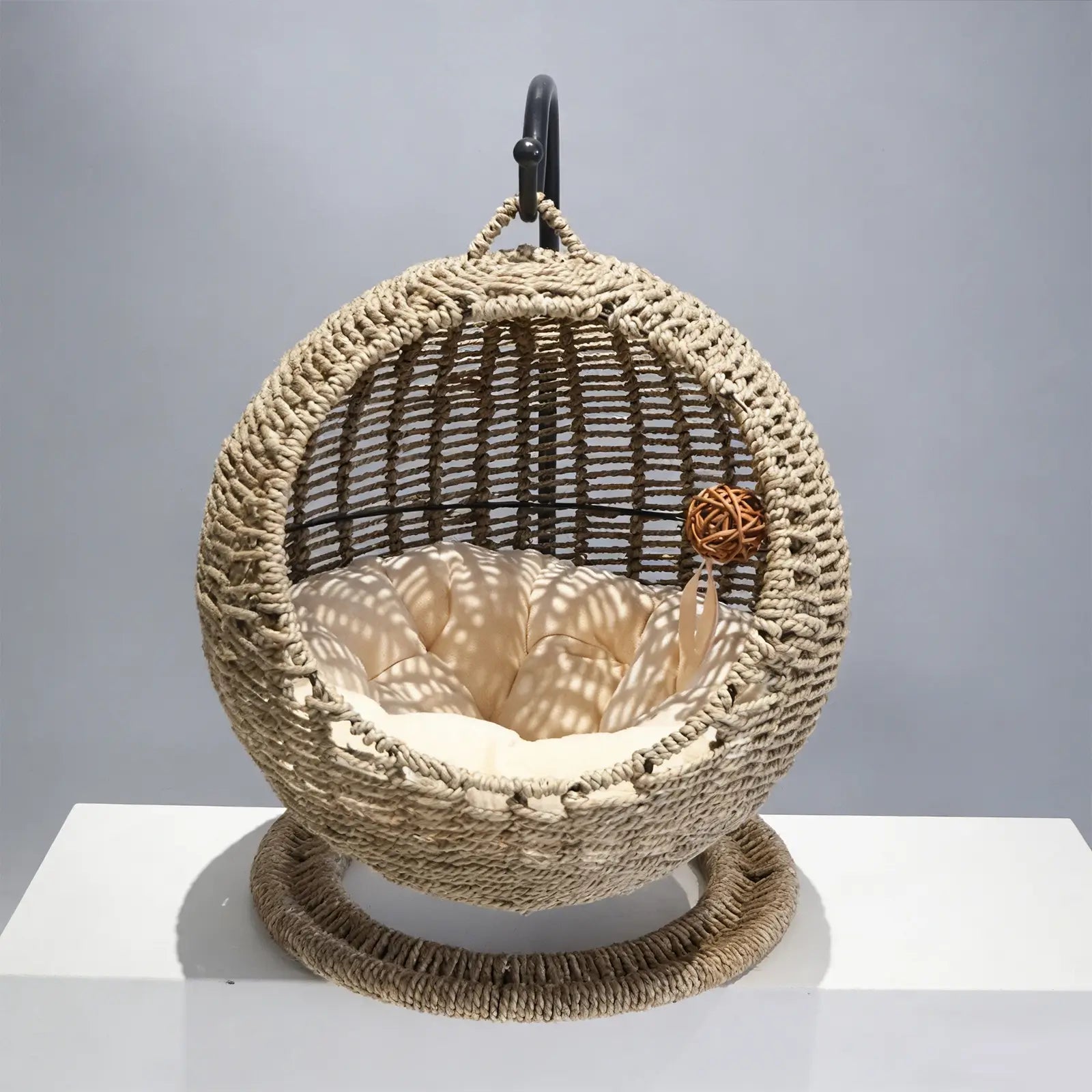 Hanging Seagrass Cat Bed  Elevated Woven Pet Nest with Stand & Cushion