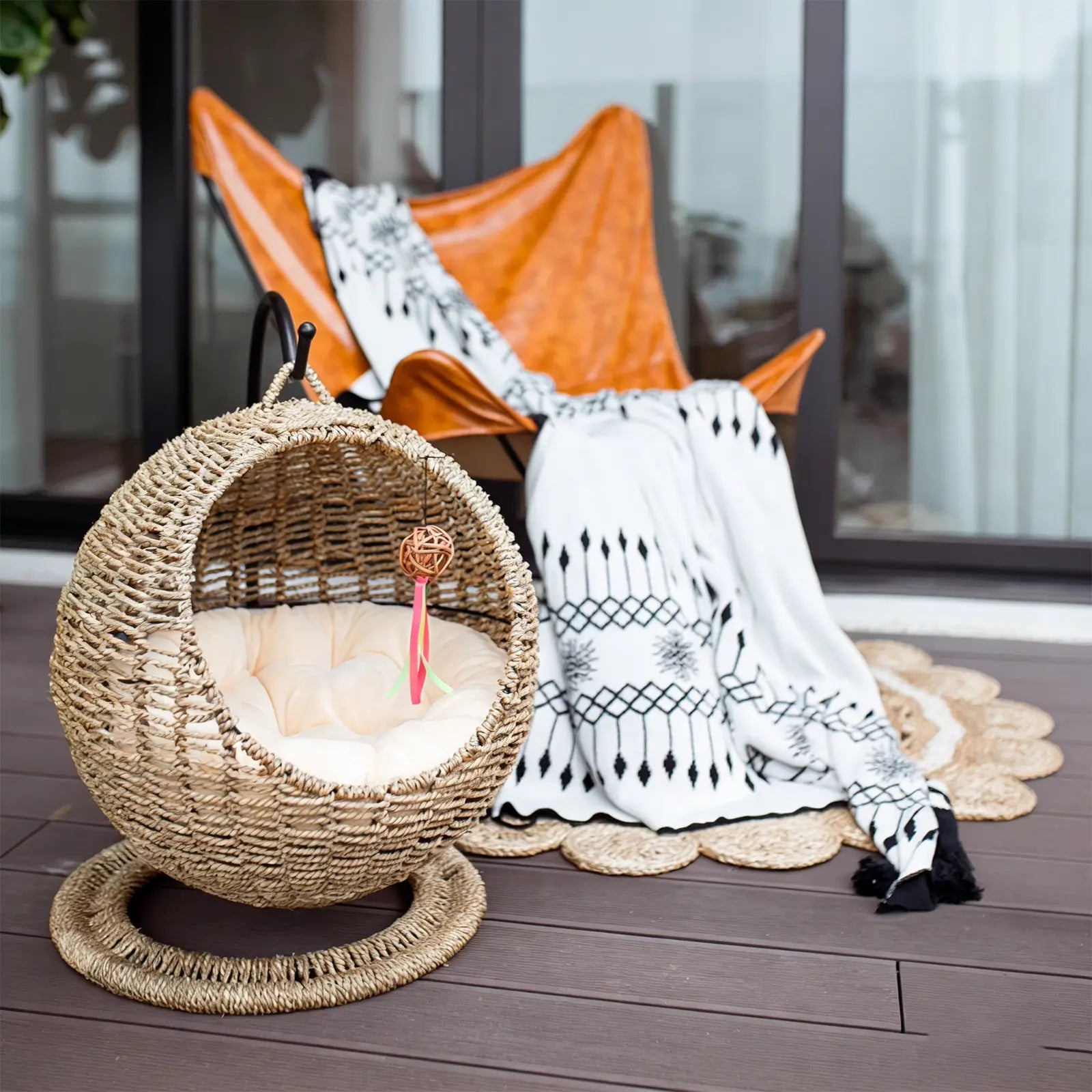 Hanging Seagrass Cat Bed  Elevated Woven Pet Nest with Stand & Cushion