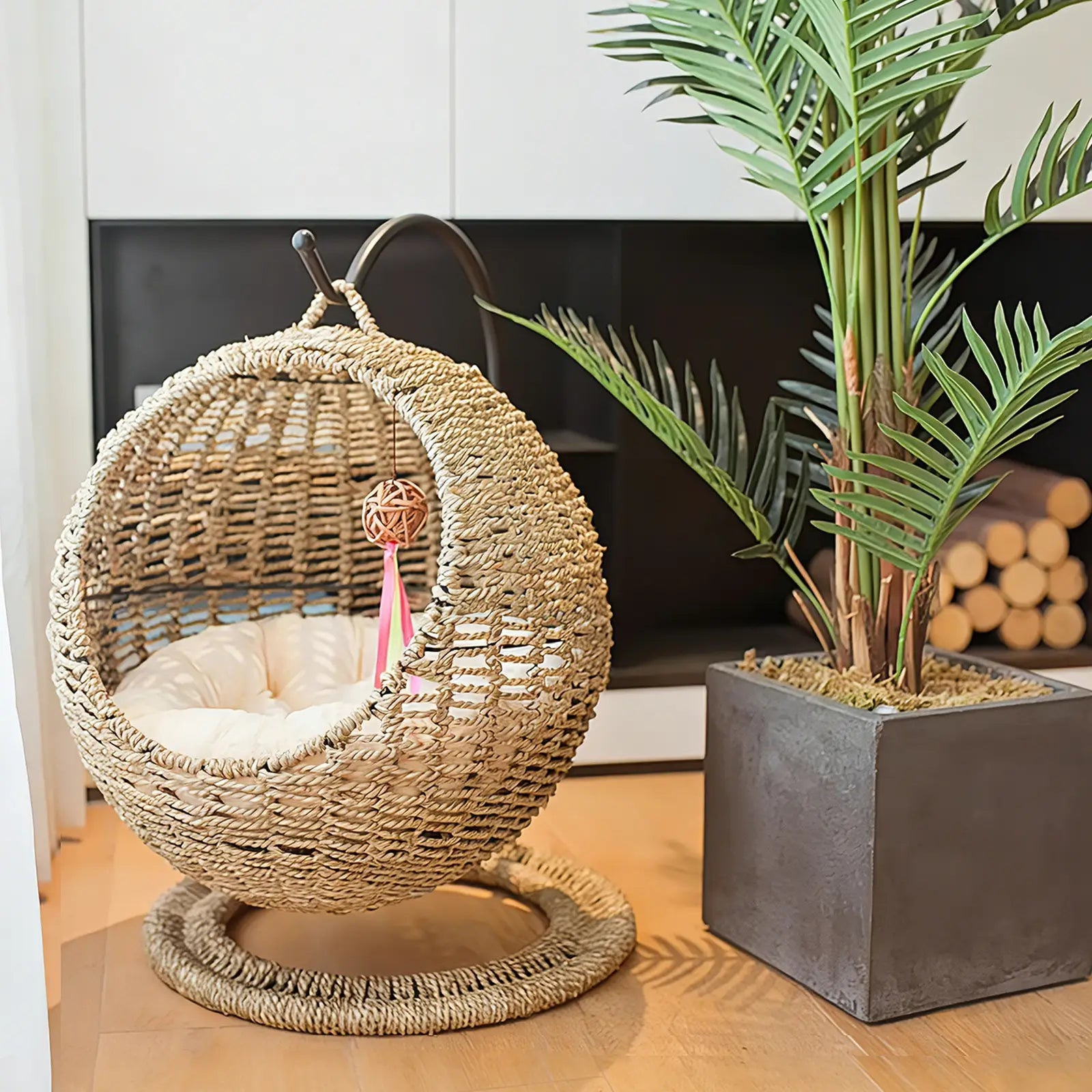 Hanging Seagrass Cat Bed  Elevated Woven Pet Nest with Stand & Cushion