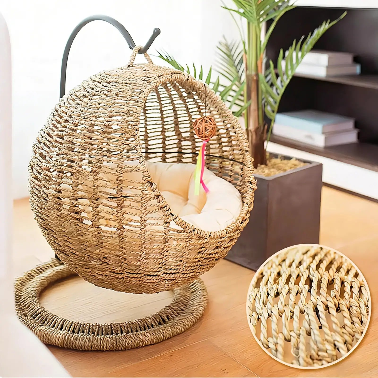 Hanging Seagrass Cat Bed  Elevated Woven Pet Nest with Stand & Cushion