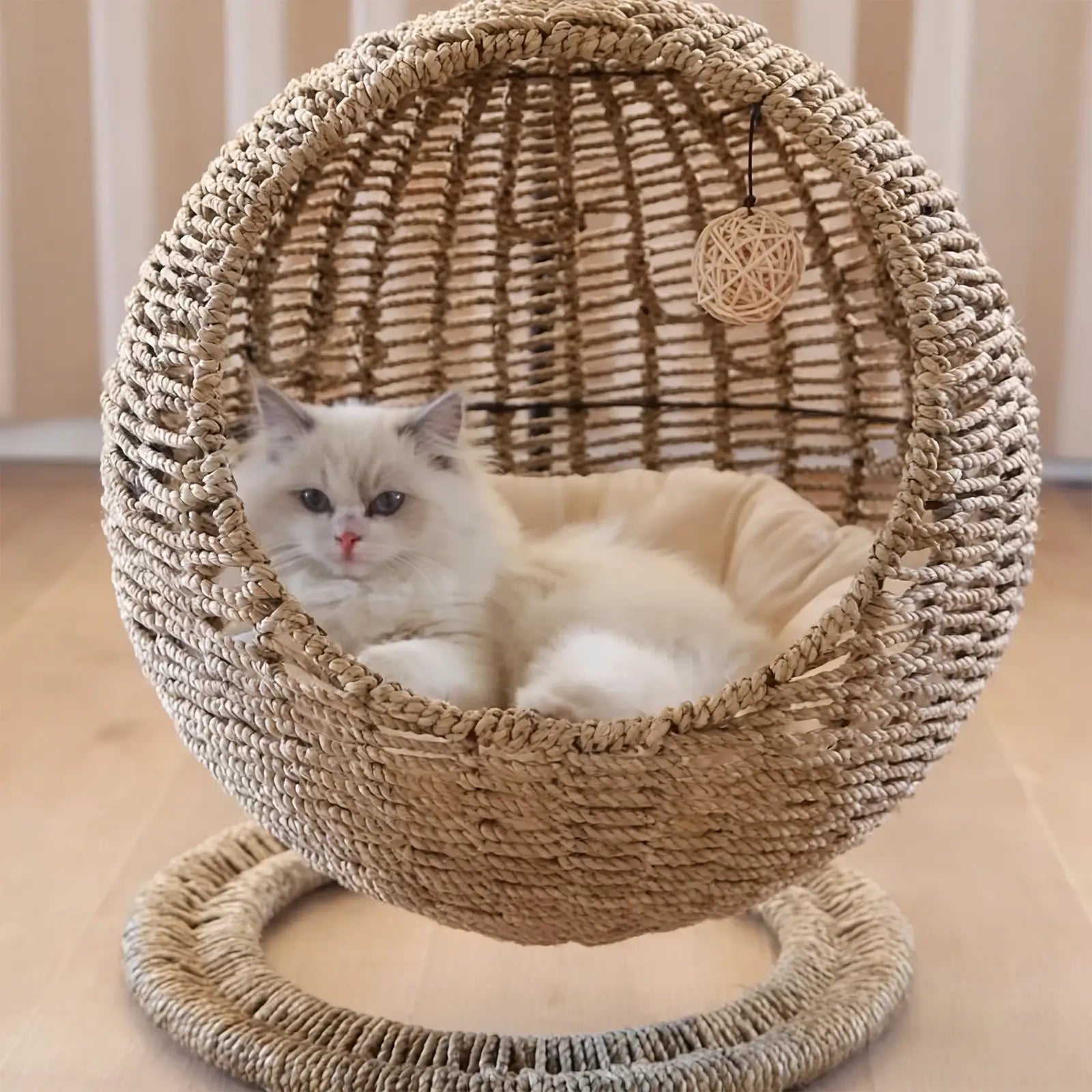 Hanging Seagrass Cat Bed  Elevated Woven Pet Nest with Stand & Cushion
