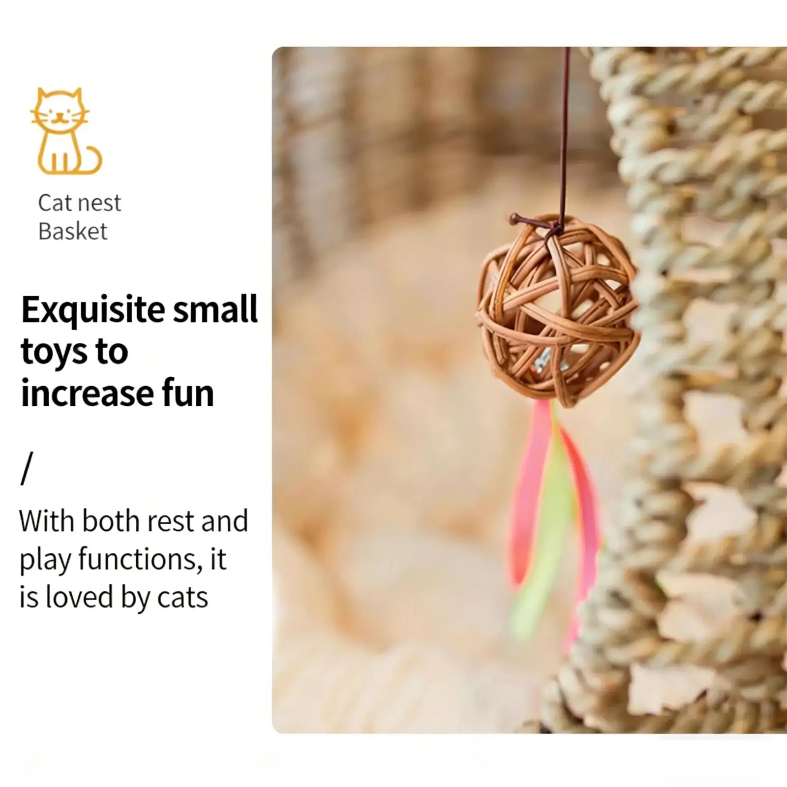 Hanging Seagrass Cat Bed  Elevated Woven Pet Nest with Stand & Cushion