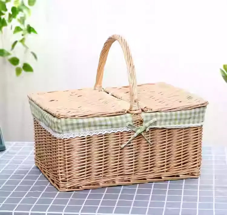 Rattan Portable Outdoor Picnic Fruit & Vegetable Basket with Lid