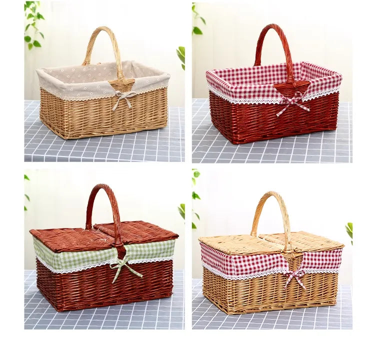 Rattan Portable Outdoor Picnic Fruit & Vegetable Basket with Lid