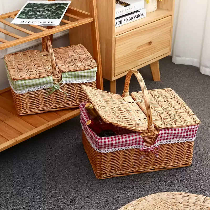 Rattan Portable Outdoor Picnic Fruit & Vegetable Basket with Lid