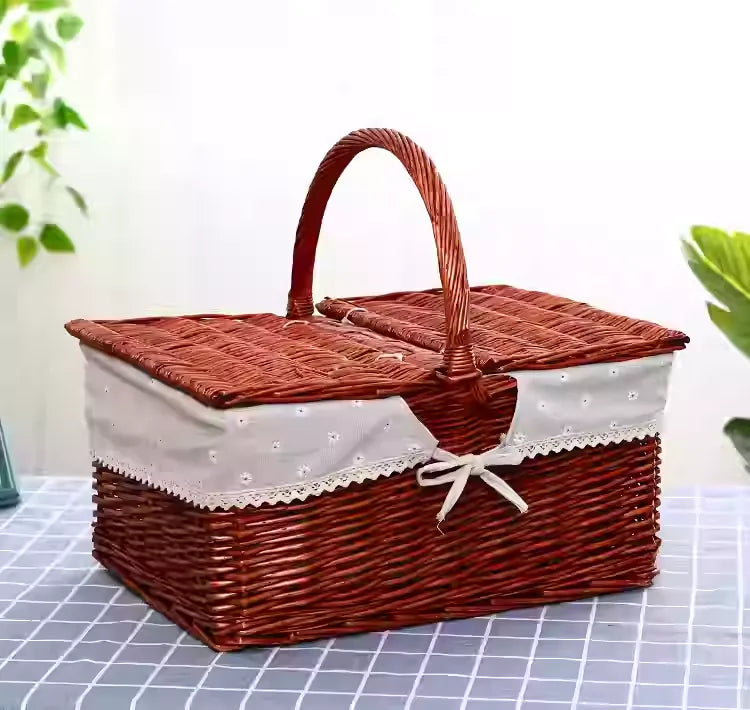 Rattan Portable Outdoor Picnic Fruit & Vegetable Basket with Lid
