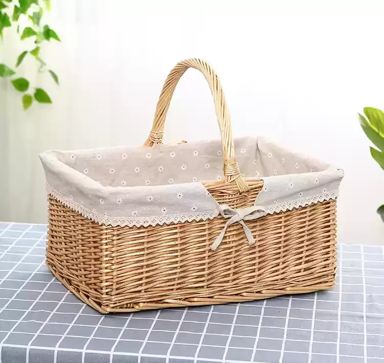 Rattan Portable Outdoor Picnic Fruit & Vegetable Basket with Lid