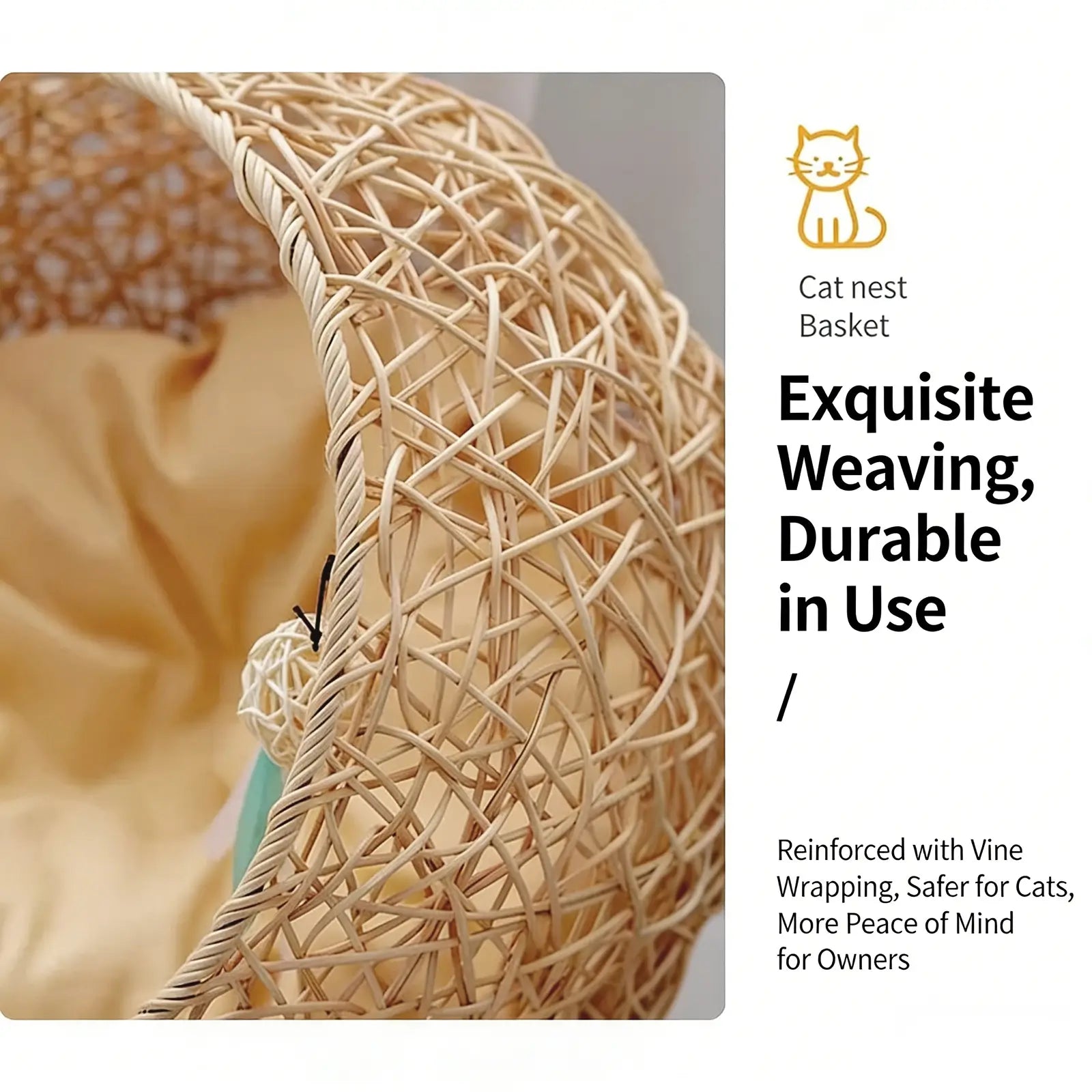 Wicker Ball Pet Bed  Modern Rattan Cat Nest with Removable Cushion & Toys