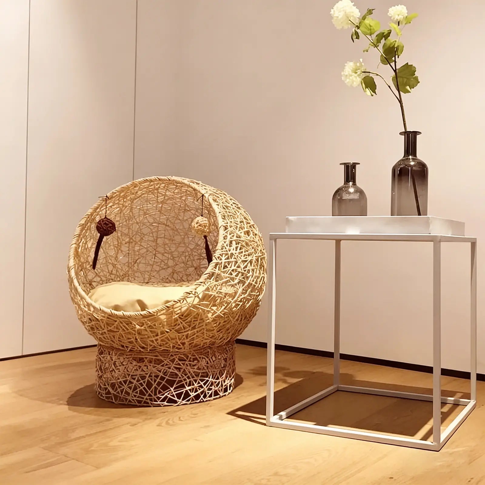 Wicker Ball Pet Bed  Modern Rattan Cat Nest with Removable Cushion & Toys