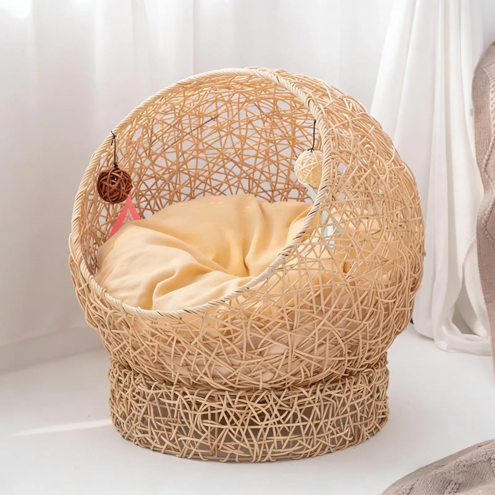 Wicker Ball Pet Bed  Modern Rattan Cat Nest with Removable Cushion & Toys