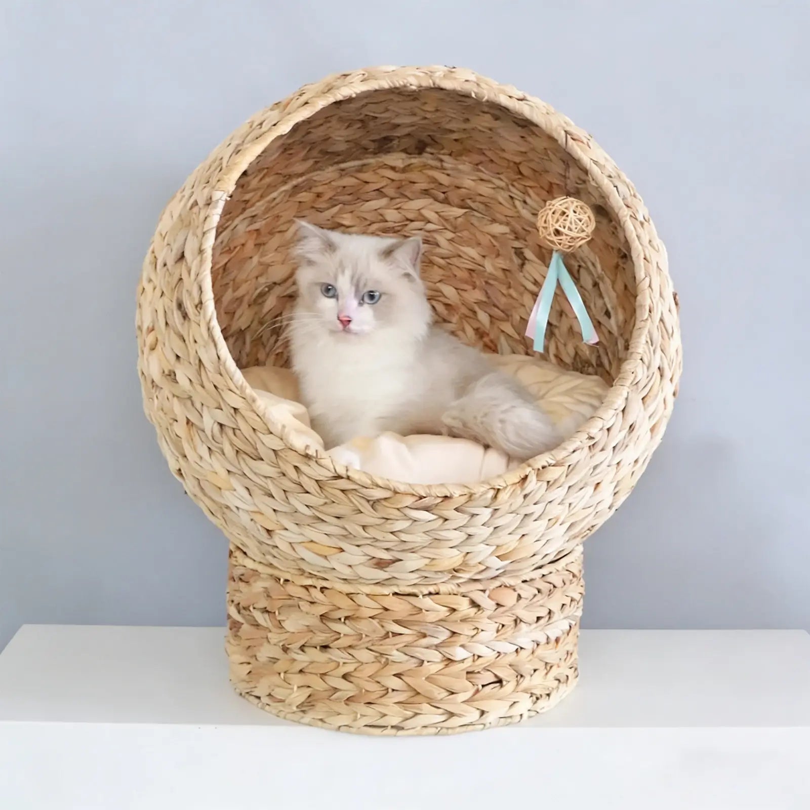 Wicker Ball Pet Bed  Modern Rattan Cat Nest with Removable Cushion & Toys