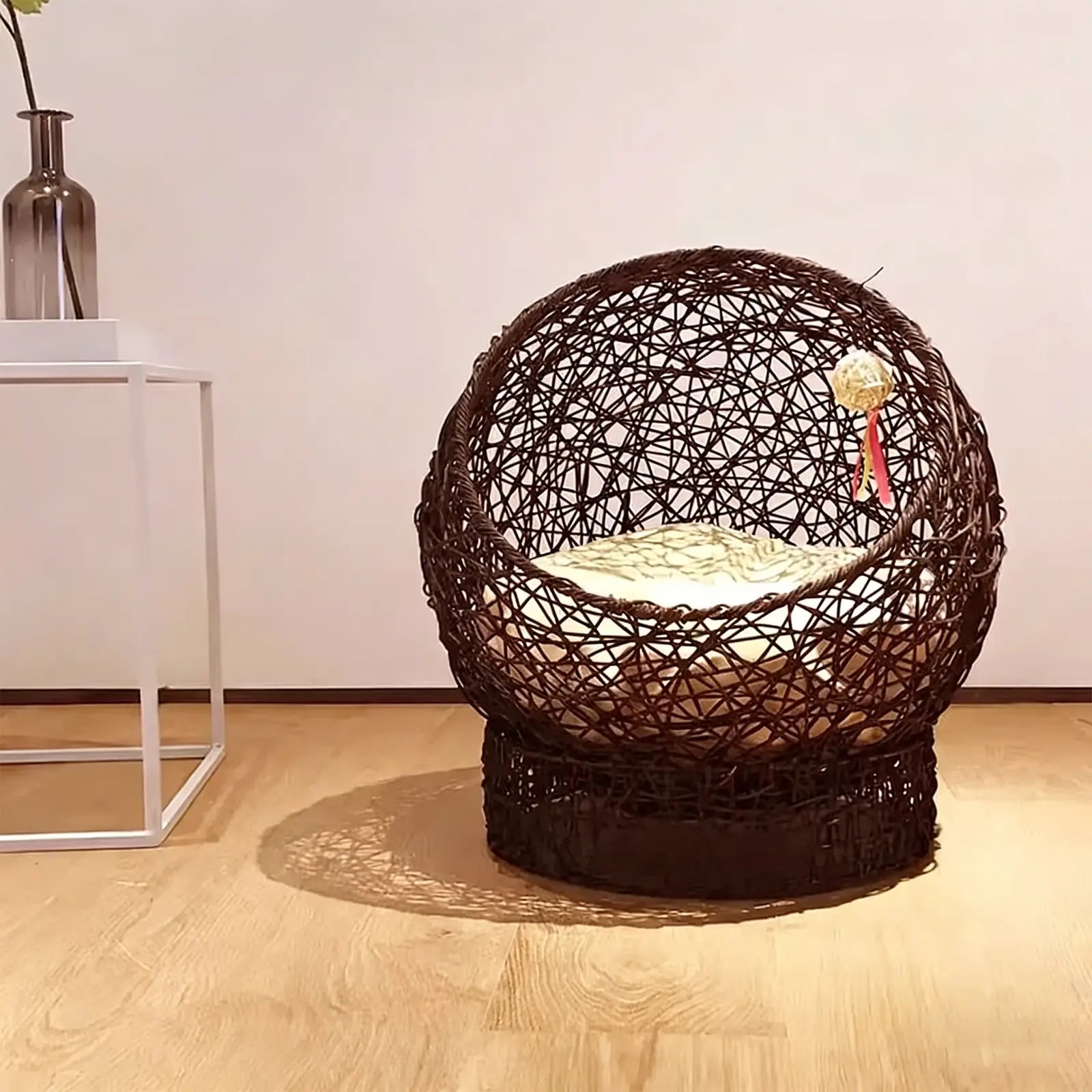 Wicker Ball Pet Bed  Modern Rattan Cat Nest with Removable Cushion & Toys