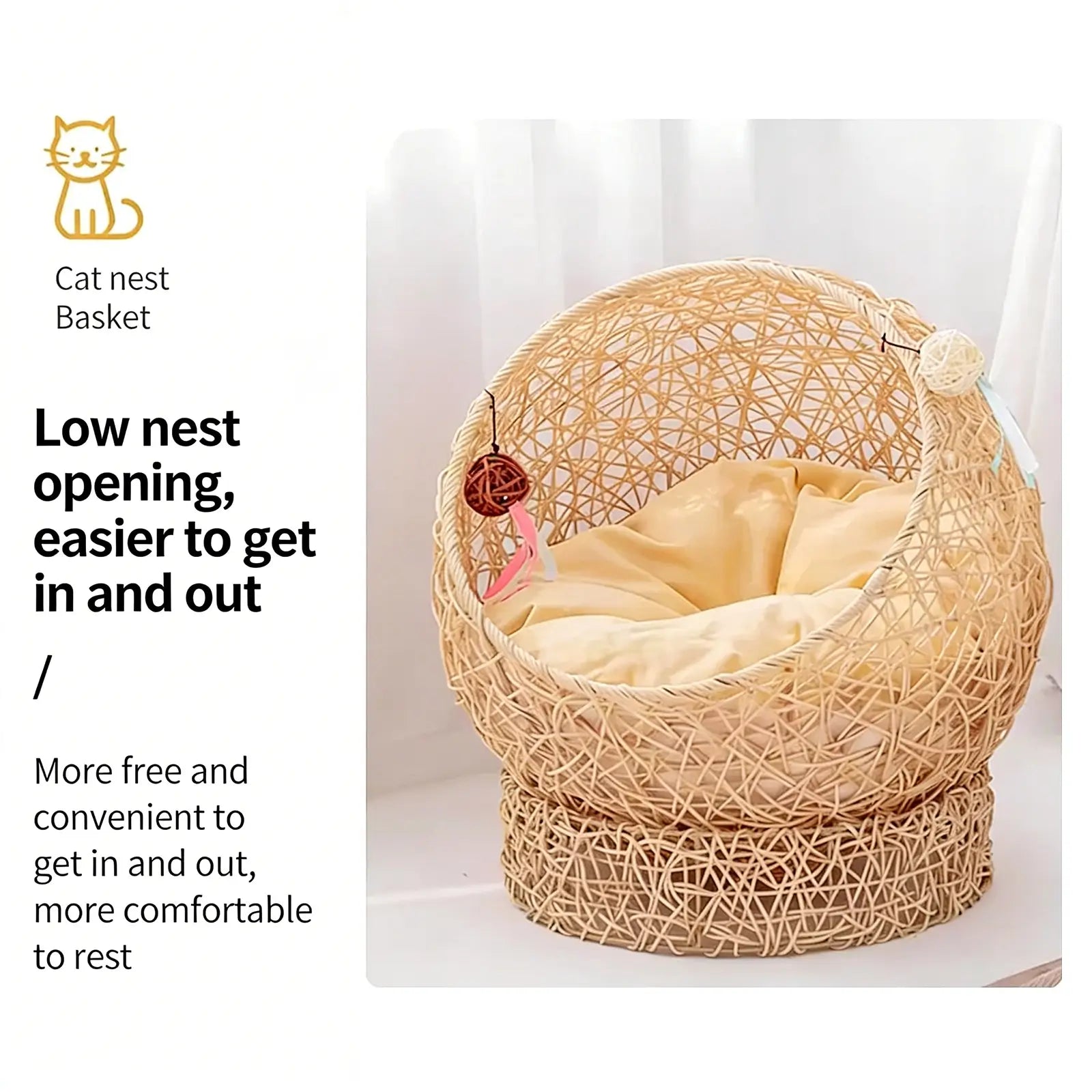 Wicker Ball Pet Bed  Modern Rattan Cat Nest with Removable Cushion & Toys