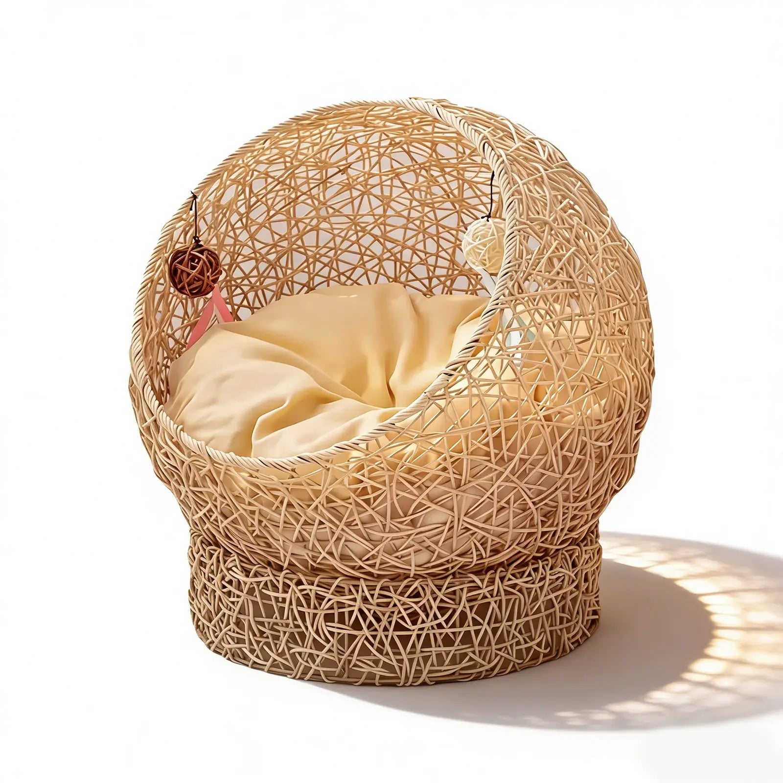Wicker Ball Pet Bed  Modern Rattan Cat Nest with Removable Cushion & Toys