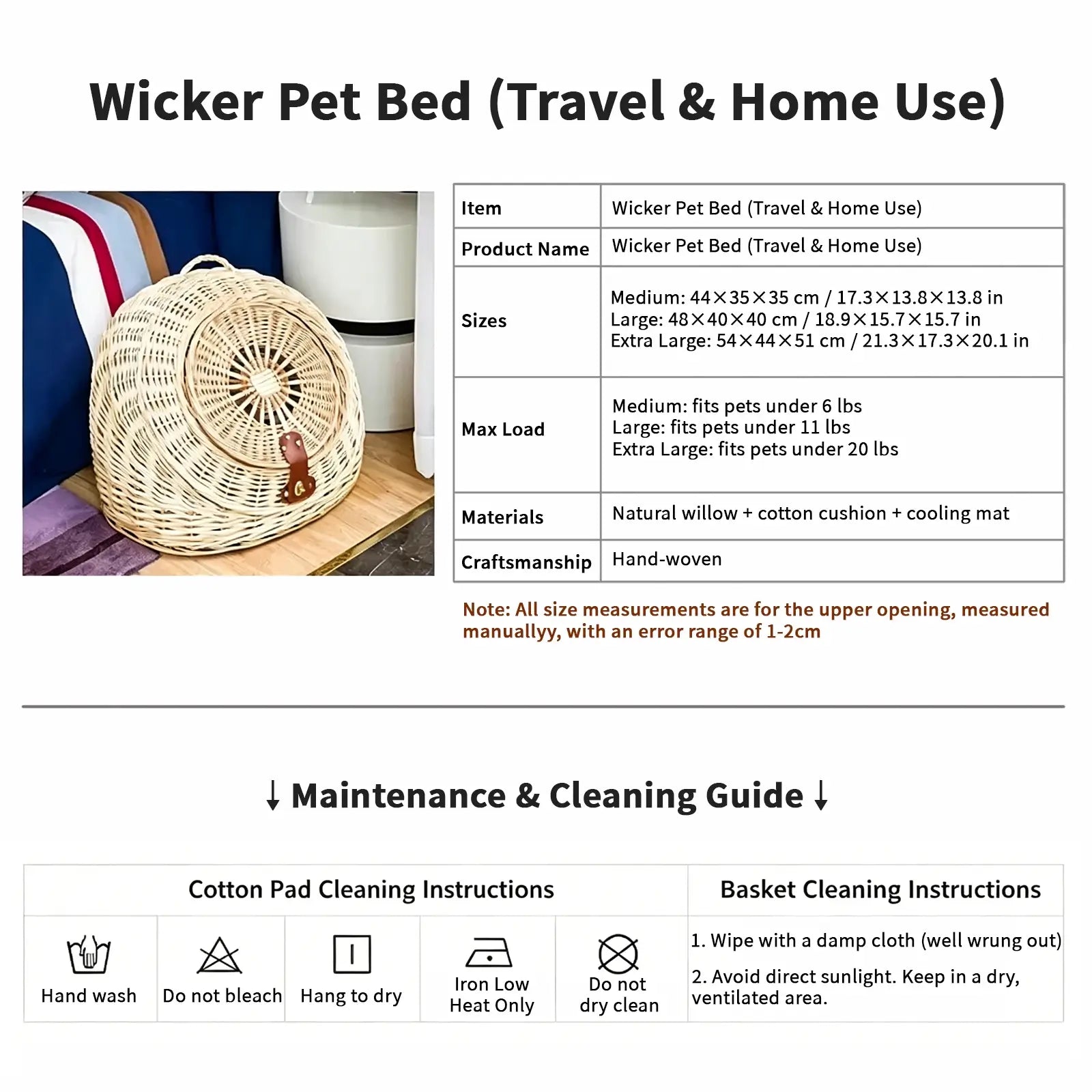Wicker Pet Carrier with Lid  2-in-1 Cat & Dog Bed for Car Travel & Home Use