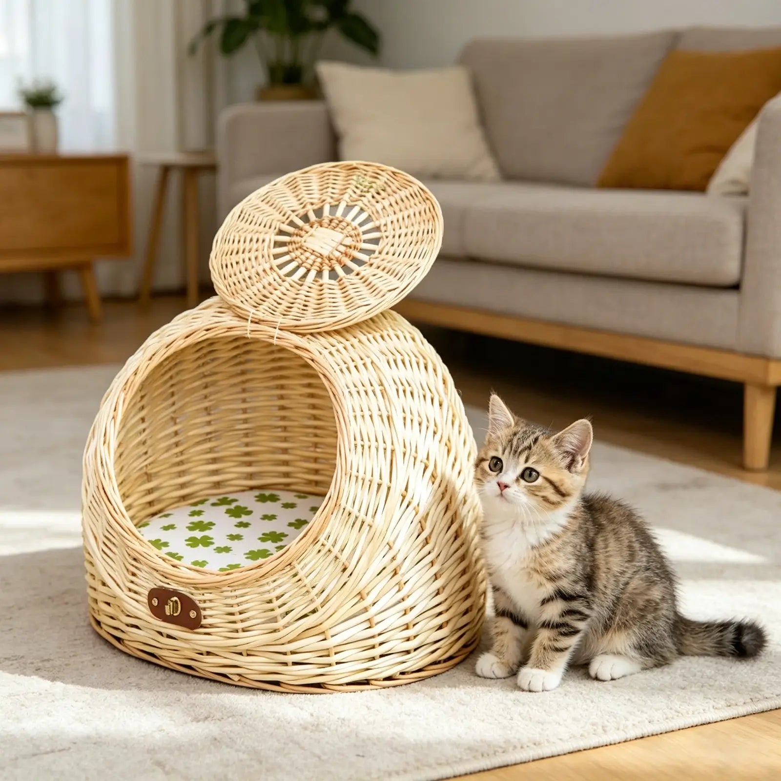 Wicker Pet Carrier with Lid  2-in-1 Cat & Dog Bed for Car Travel & Home Use