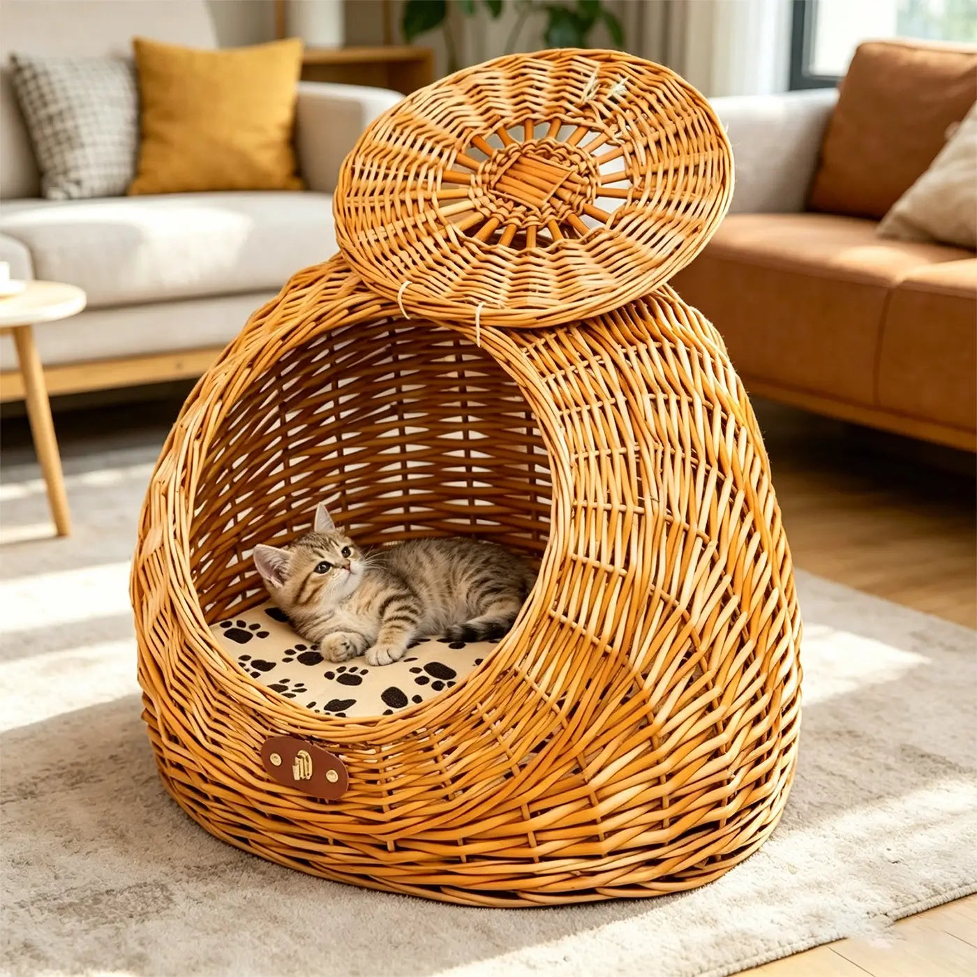 Wicker Pet Carrier with Lid  2-in-1 Cat & Dog Bed for Car Travel & Home Use