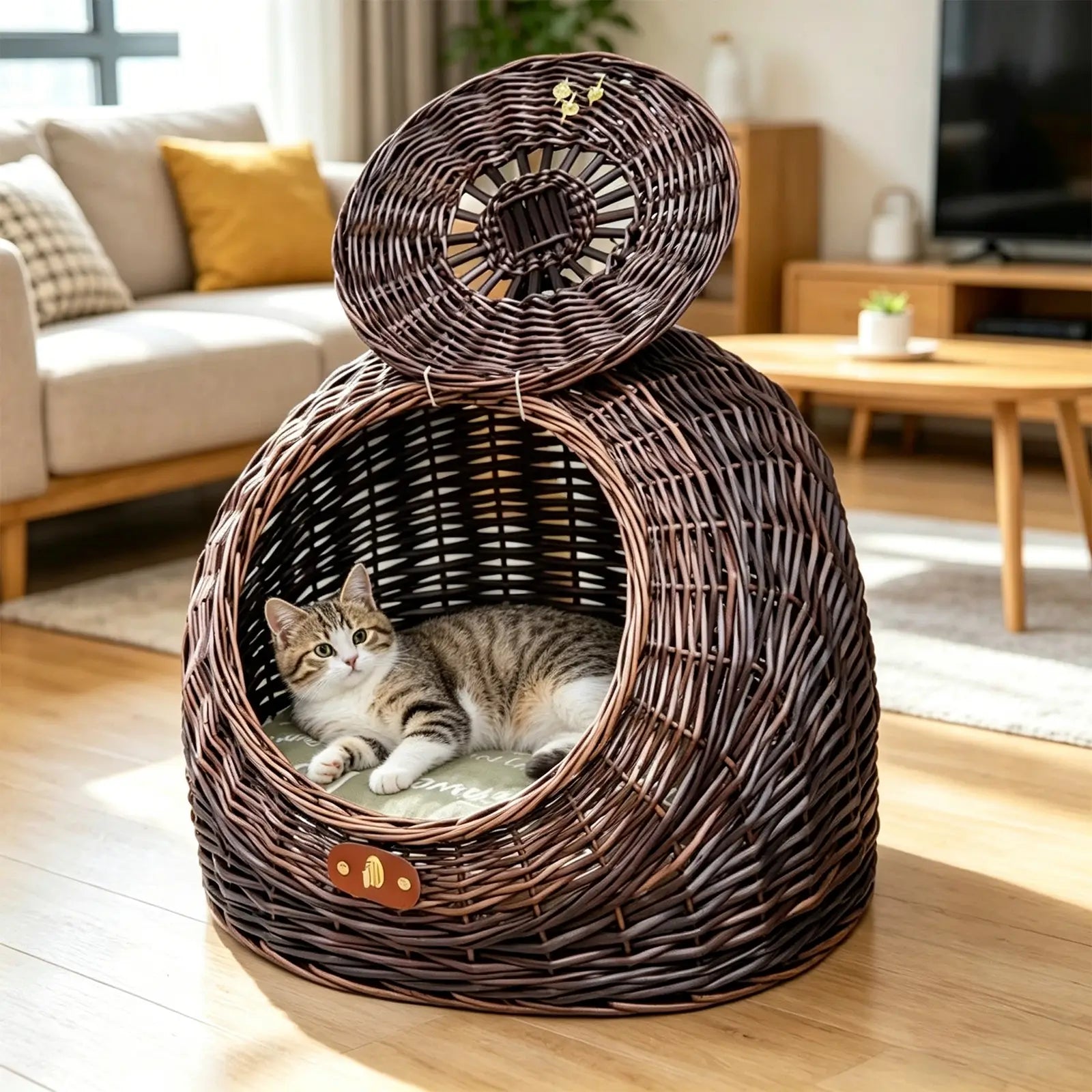 Wicker Pet Carrier with Lid  2-in-1 Cat & Dog Bed for Car Travel & Home Use