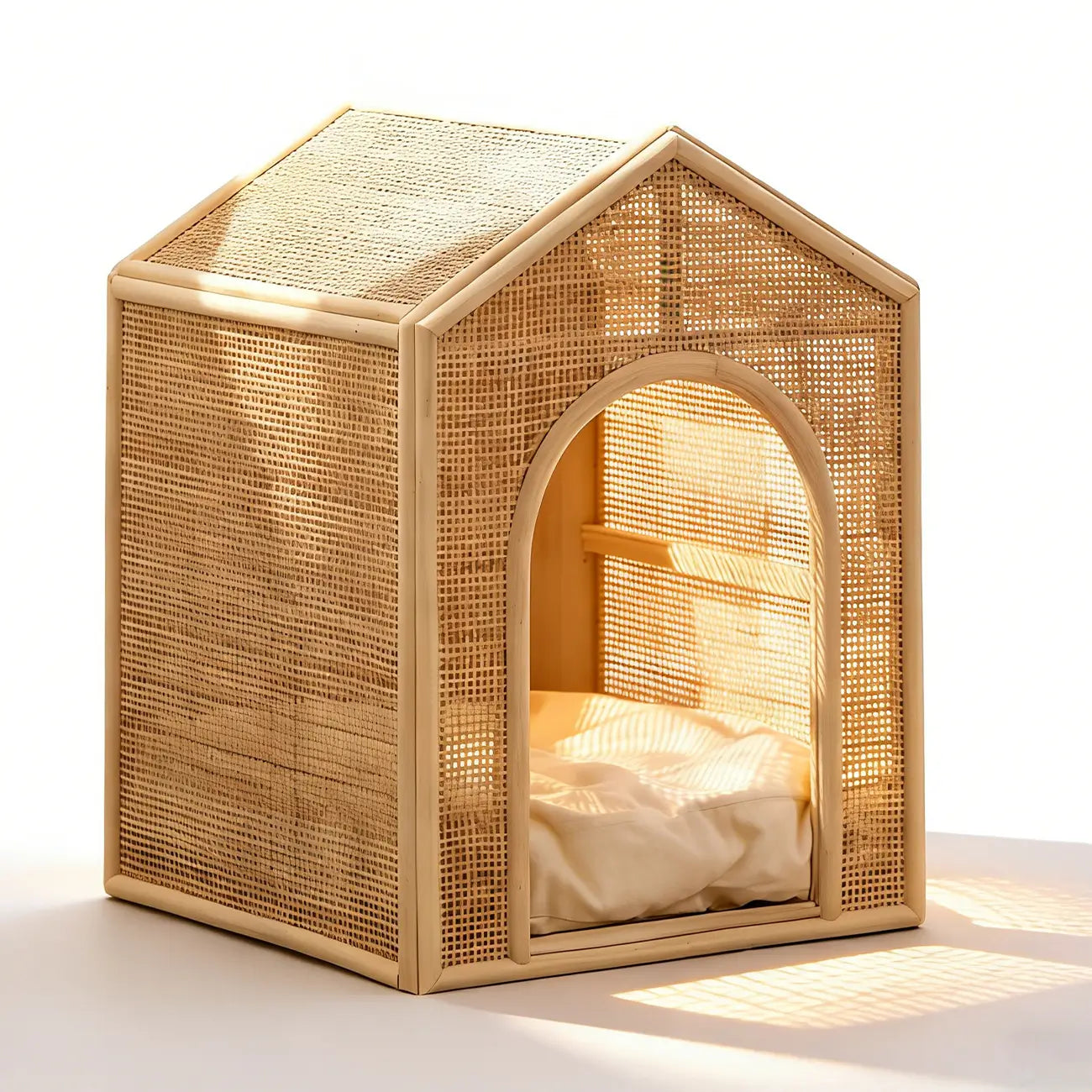 Boho Rattan Cat House  Elevated Wooden Frame Pet Cave with Removable Cushion