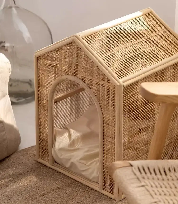 Boho Rattan Cat House  Elevated Wooden Frame Pet Cave with Removable Cushion