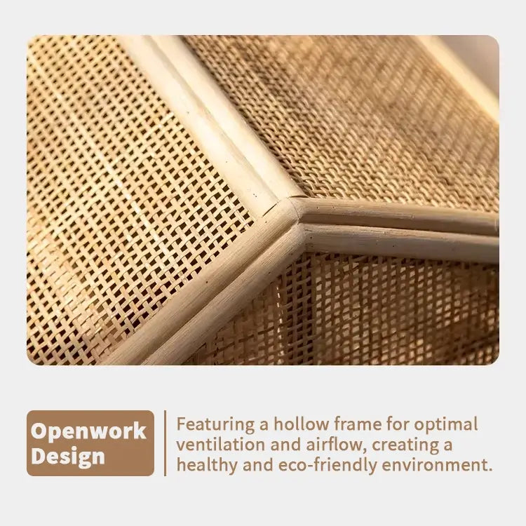 Boho Rattan Cat House  Elevated Wooden Frame Pet Cave with Removable Cushion