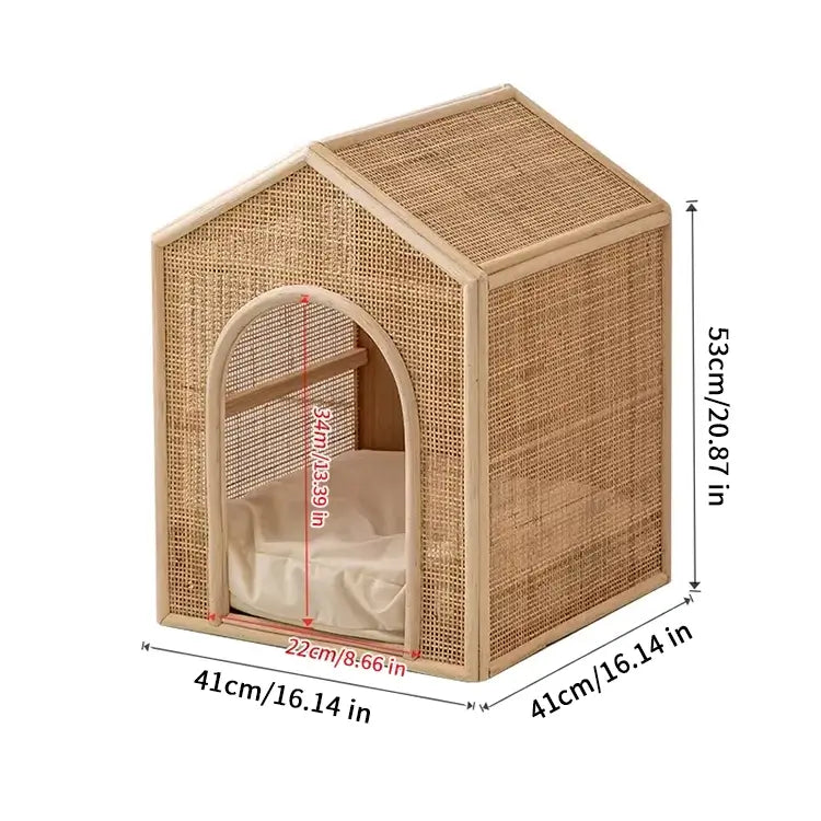 Boho Rattan Cat House  Elevated Wooden Frame Pet Cave with Removable Cushion