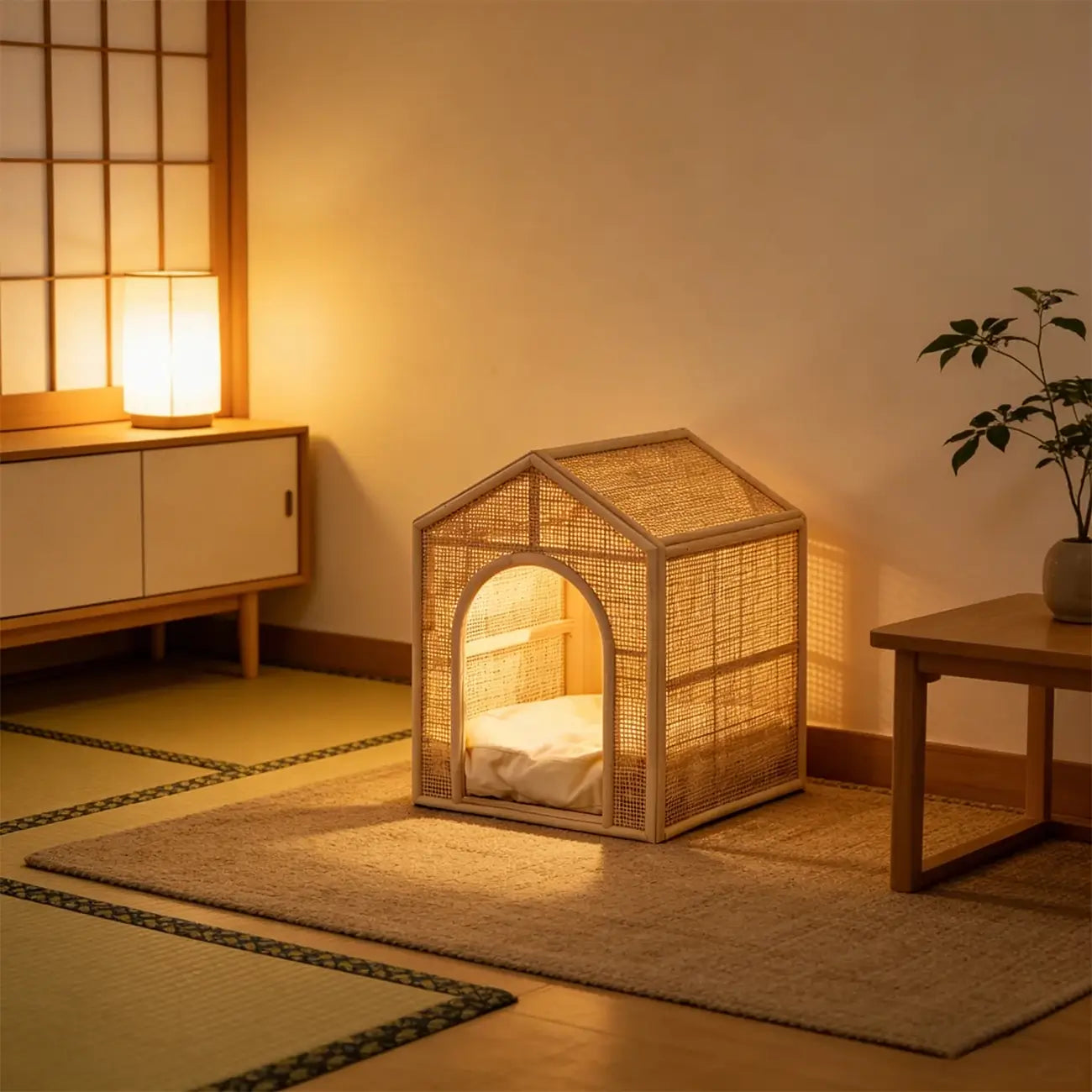 Boho Rattan Cat House  Elevated Wooden Frame Pet Cave with Removable Cushion