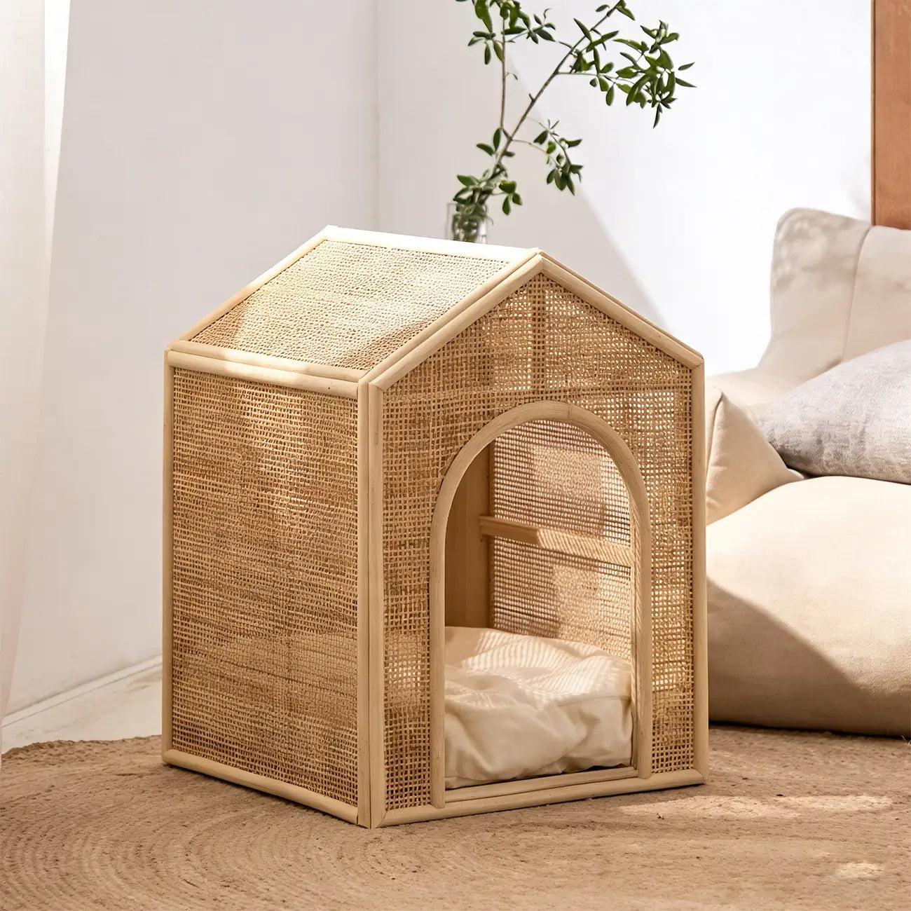 Boho Rattan Cat House  Elevated Wooden Frame Pet Cave with Removable Cushion